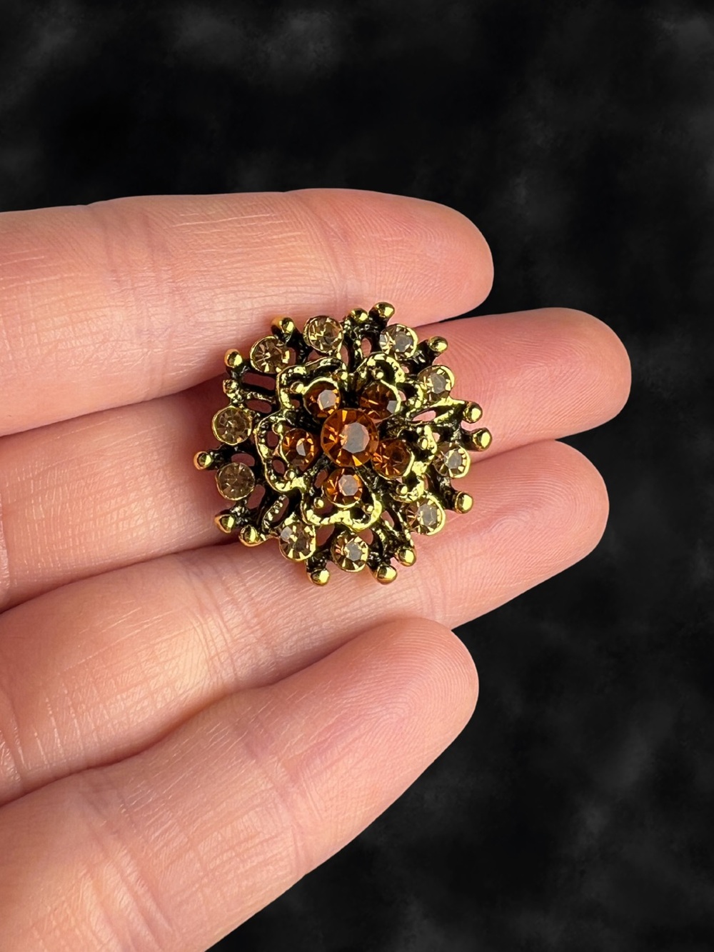 Vintage Amber Topaz Rhinestone Floral Brooch Gold Tone Cluster Pin 1 inch